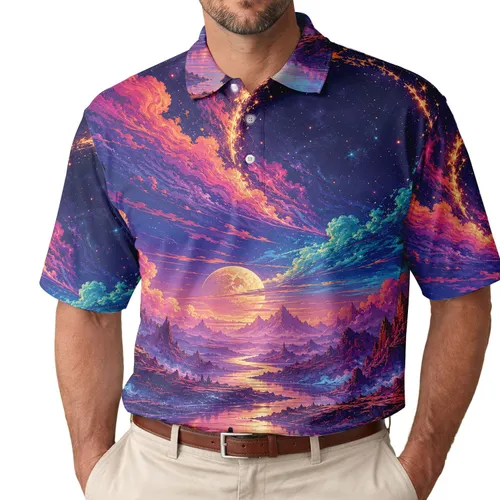 Cosmic Fantasy Valley Explorer for Festival Nights, Beach Trips, Travel Dates and Dreamers Men's Polo Shirt