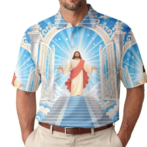 Jesus At Heaven Gate With Stairway Easter Faith Gift For Christian Men And Women Men's Polo Shirt