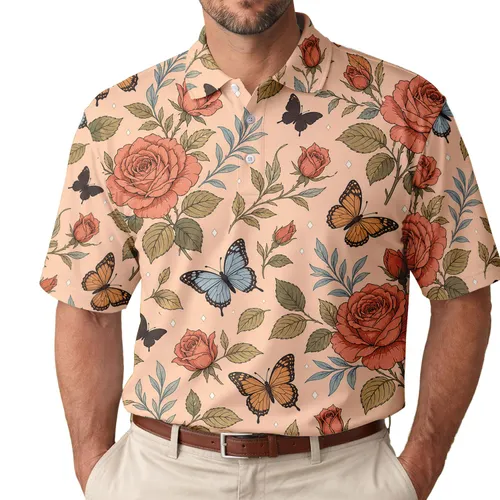 Vintage Rose And Butterfly Botanical Motif For Garden Parties, Vacations And Casual Days Men's Polo Shirt