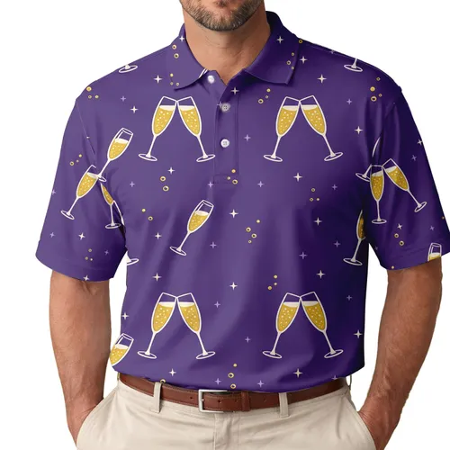 Purple Champagne Flute Toast Motif for Cocktail Parties and Date Evenings for Men Men's Polo Shirt