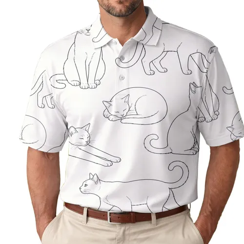 Minimalist Black Line Cats For Casual Summer Outings, Beach Travel, And Cat Lovers Men's Polo Shirt