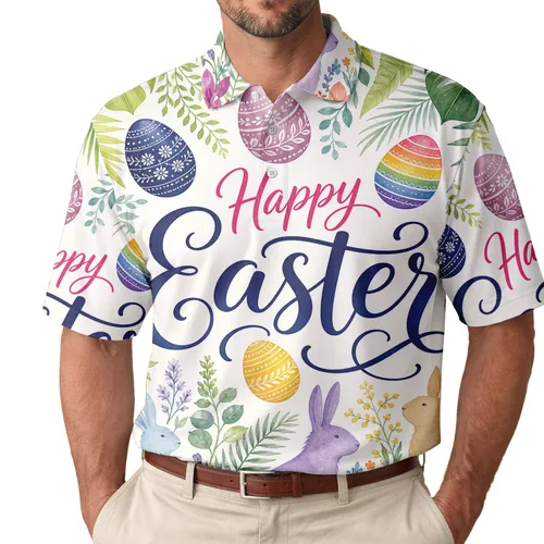 Botanical Happy Easter Bunnies And Colorful Eggs For Spring Holiday Celebrations Men's Polo Shirt