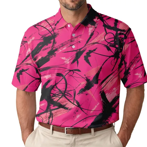 Abstract Fuchsia Black Brushstroke Streetwear For Summer Parties And Casual Weekends Men's Polo Shirt
