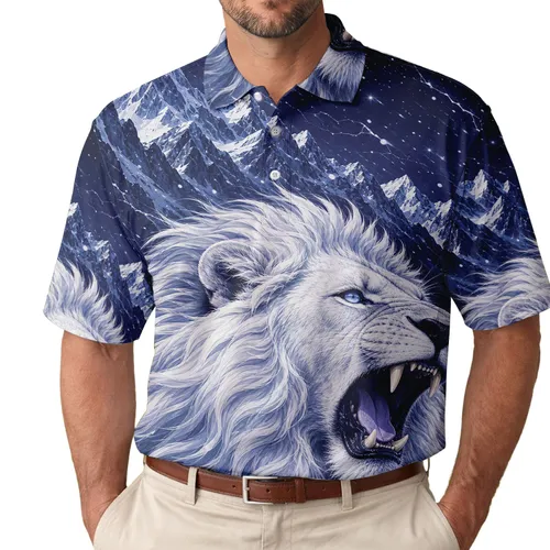 Roaring White Lion With Snowy Mountains For Winter Travel And Outdoor Style For Men Men's Polo Shirt