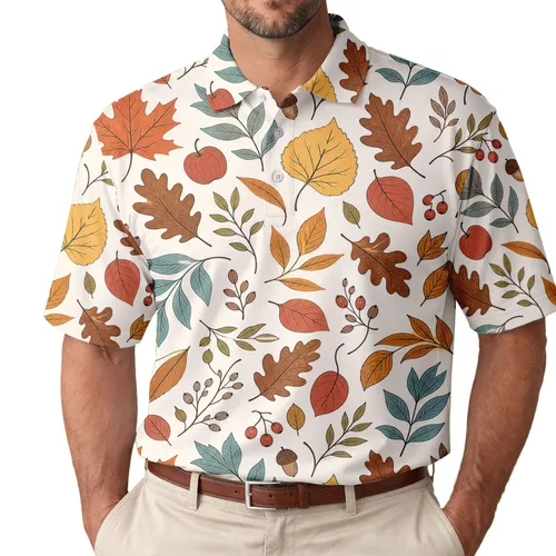 Autumn Leaves Apples Acorns Botanical Fall Casual Weekend And Holiday Wear For Men Men's Polo Shirt