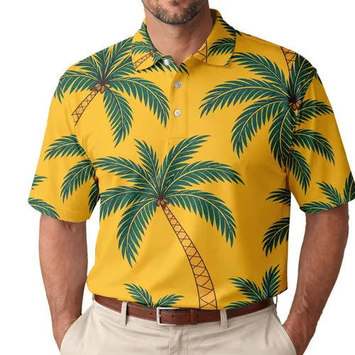 Teal Palm Trees On Mustard Yellow For Retro Resort Vacations, Beach Days And Travel Men's Polo Shirt