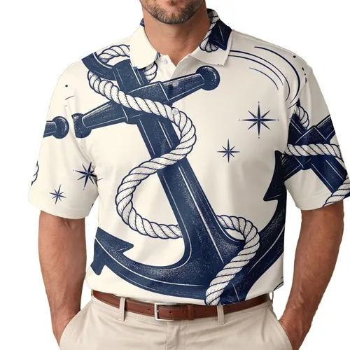 Nautical Anchor And Coastal Waves For Beach Trips, Sailing Days And Maritime Style Men's Polo Shirt