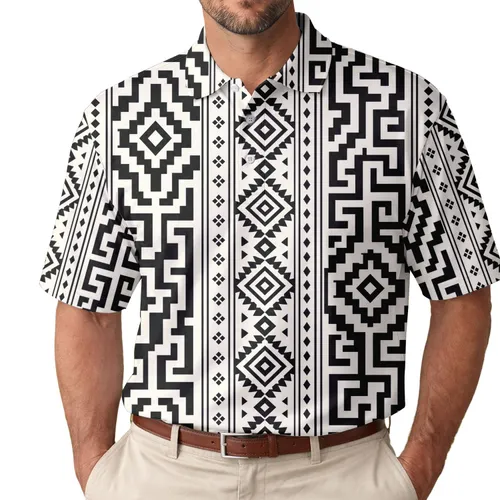 Black Folk Geometric Stripes For Casual Travel, Weekend Outings And Everyday Wear Men's Polo Shirt