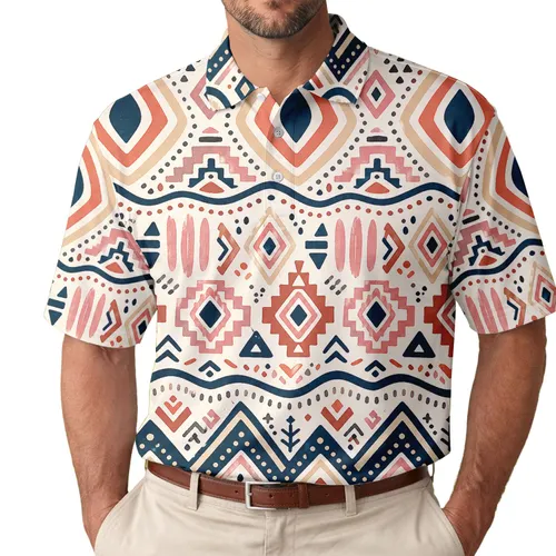 Abstract Ethnic Geometric Motifs For Resort Vacations, Summer Escapes, And Casual Wear Men's Polo Shirt