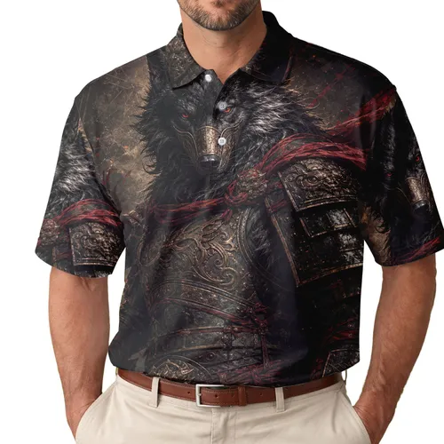 Black Wolf Warrior Armor Red Cloak For Dark Fantasy Festivals And Cosplay Enthusiasts Men's Polo Shirt