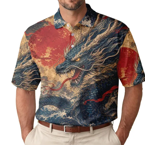 Japanese Sea Dragon Storm Waves Vermilion Sun Ocean Resort Vacation Gift For Men Men's Polo Shirt