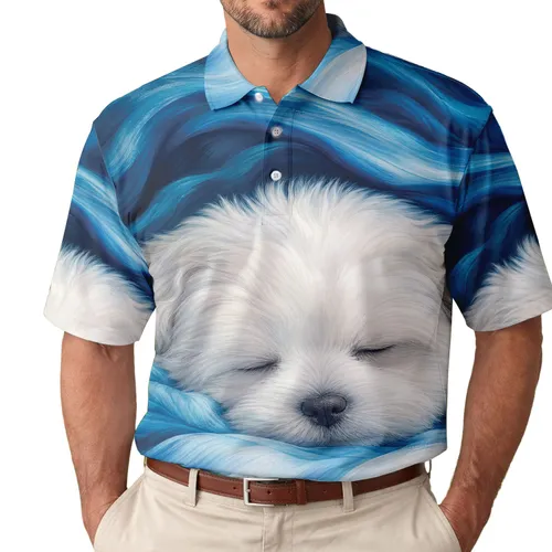 Sleeping White Puppy on Blue Blanket for Relaxed Everyday Wear for Dog Lovers Gift Men's Polo Shirt