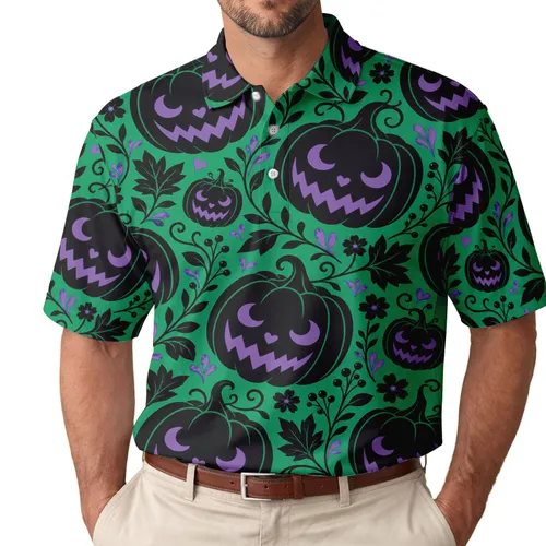 Purple Jack O Lantern Botanical Halloween Party Outfit For Men Spooky Casual Style Men's Polo Shirt