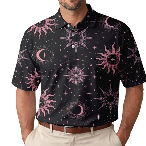 Pink Celestial Stars And Moons For Night Outfits, Festivals And Astrology Style Lovers Men's Polo Shirt