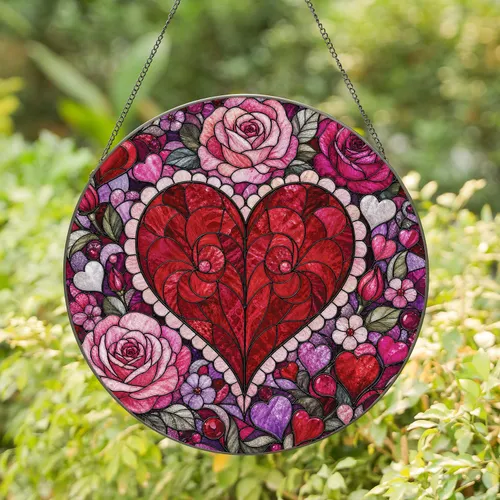 Stained Glass Rose Floral Heart Valentine Window Decor Romantic Gift for Lovers Stained Glass Suncatcher