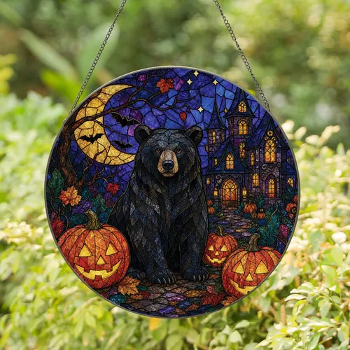 Halloween Black Bear Pumpkin Gothic Manor Window Decor for Spooky Home Enthusiasts Stained Glass Suncatcher