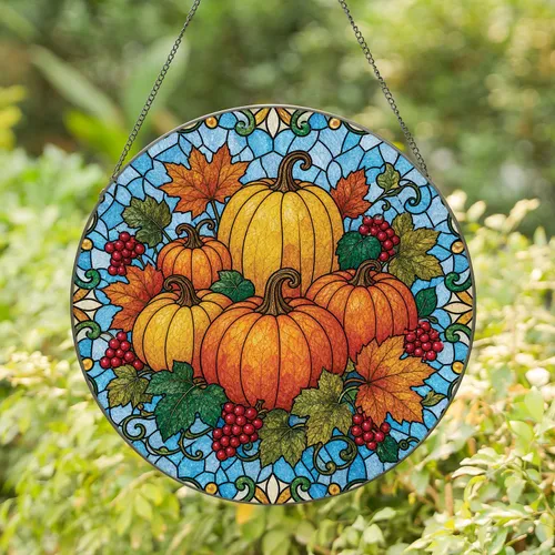 Autumn Pumpkin And Berry Stained Glass Window Decor For Thanksgiving Home Gift Giving Stained Glass Suncatcher
