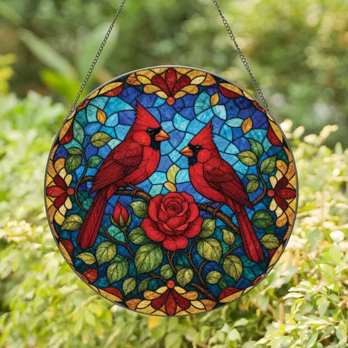 Pair Of Cardinals With Red Roses Stained Glass Window Decor for Garden Bird Lovers Stained Glass Suncatcher