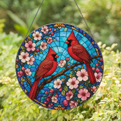 Cardinal Cherry Blossom Stained Glass Window Decor for Spring Bird Lovers and Homes Stained Glass Suncatcher