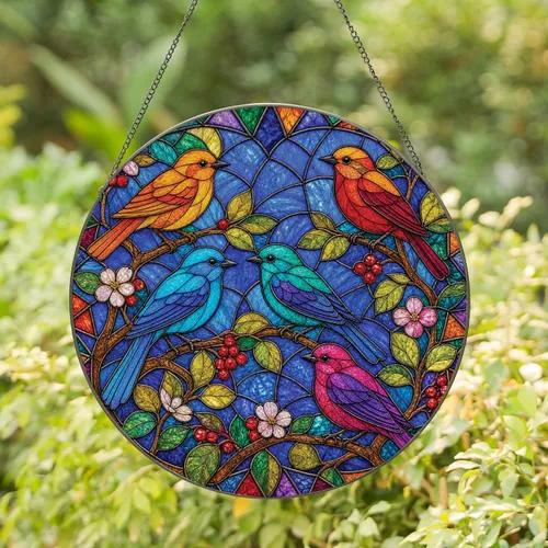 Stained Glass Songbirds and Berries Window Decor for Colorful Cottage Home Gifts Stained Glass Suncatcher