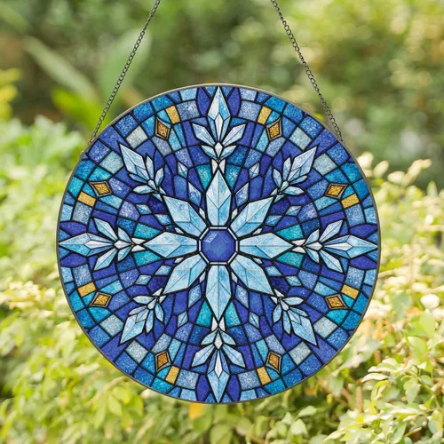 Blue Stained Glass Snowflake Winter Window Decor for Christmas Holiday Homes Gift Stained Glass Suncatcher