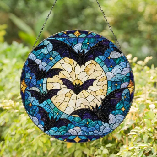 Leaded Stained Glass Bats And Full Moon Gothic Window Decor For Halloween Home Lovers Stained Glass Suncatcher