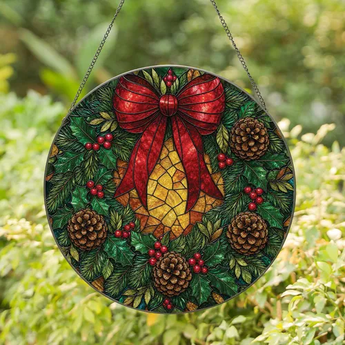 Christmas Evergreen Wreath With Red Bow For Festive Holiday Window Decor Displays Stained Glass Suncatcher