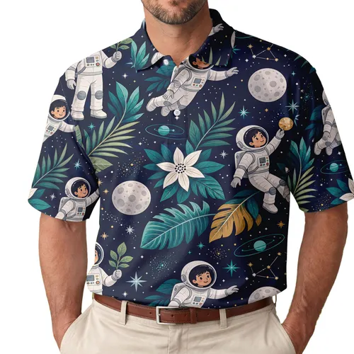 Navy Astronaut Palm Leaf Space Motif For Beach Travel And Casual Summer Outing Days Men's Polo Shirt