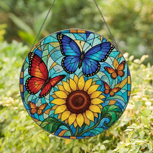 Stained Glass Sunflower Blue Butterfly Window Decor For Garden Lovers Housewarming Stained Glass Suncatcher