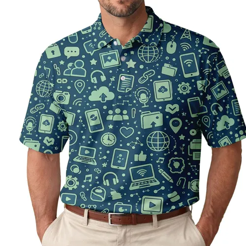 Teal Digital Technology Icons For Casual Office Wear, Meetings And Tech Enthusiasts Men's Polo Shirt