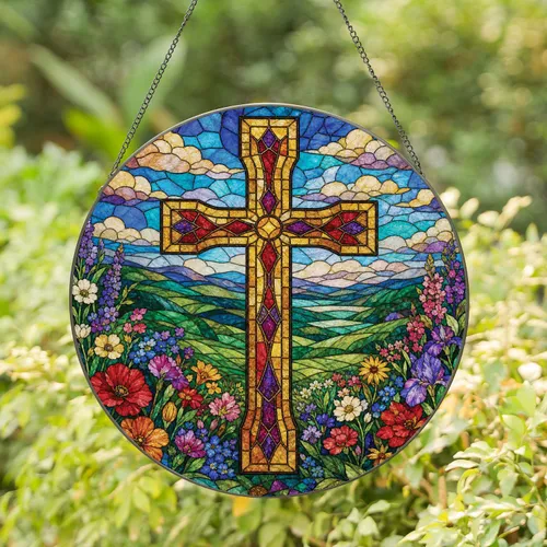 Stained Glass Cross Wildflower Meadow Window Decor For Christian Home Prayer Room Gift Stained Glass Suncatcher