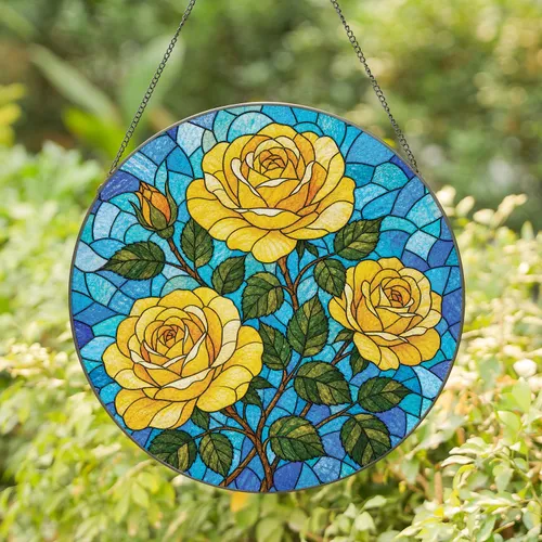 Golden Yellow Rose Stained Glass Window Decor for Mother's Day Gifts and Garden Lovers Stained Glass Suncatcher
