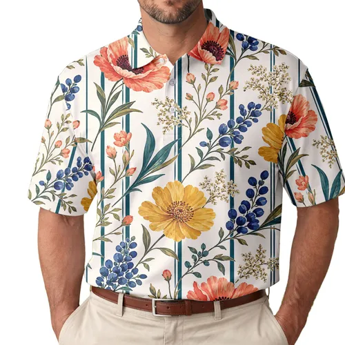 Teal Stripe Coral Floral Garden For Summer Beach Vacation And Casual Resort Wear Men's Polo Shirt