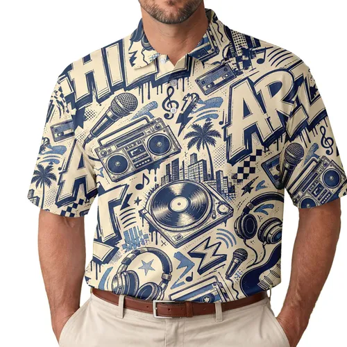 Navy Graffiti Music Collage For Streetwear Parties And Casual Summer Outfits Men's Polo Shirt
