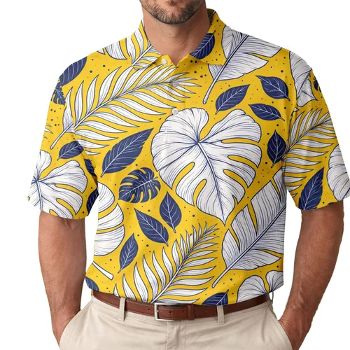 Yellow Blue White Tropical Foliage For Beach Vacation Resort Summer Holiday Men Men's Polo Shirt
