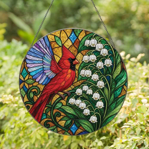 Red Cardinal And Lily Of The Valley Stained Glass Window Decor For Spring Home Gift Stained Glass Suncatcher