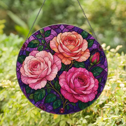 Stained Glass Rose Bouquet Window Decor For Floral Home And Garden Gift Collectors Stained Glass Suncatcher