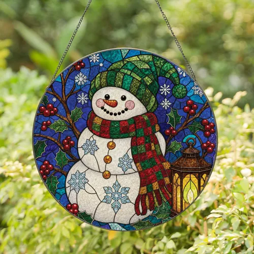 Stained Glass Snowman With Lantern for Christmas Window Decor and Winter Gift Giving Stained Glass Suncatcher