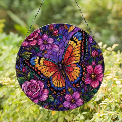 Butterfly And Purple Floral Stained Glass Window Decor For Spring Home And Garden Lovers Stained Glass Suncatcher
