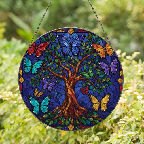 Tree Of Life Stained Glass Butterflies For Colorful Window Decor And Housewarming Gifts Stained Glass Suncatcher
