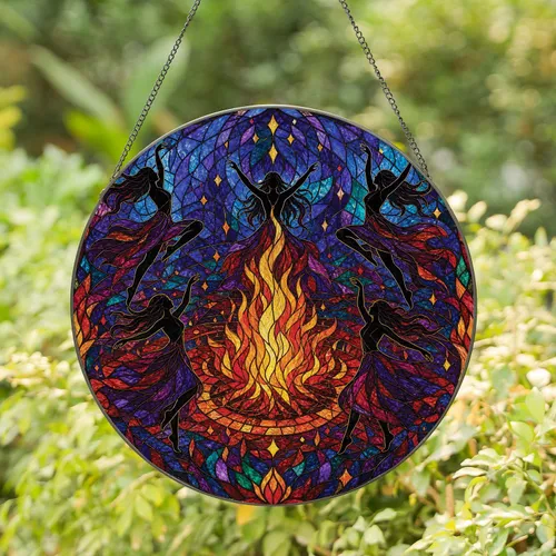 Five Witch Fire Dance Stained Glass Style Window Hanging for Halloween Pagan Home Decor Stained Glass Suncatcher