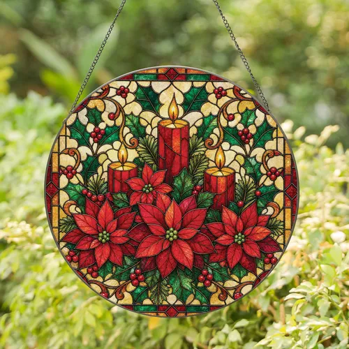 Christmas Poinsettia Candles Stained Glass Window Decor for Festive Holiday Homes Stained Glass Suncatcher