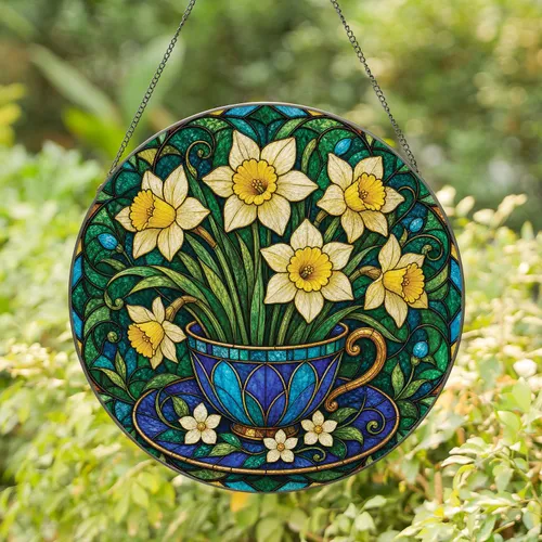 Daffodil Teacup Stained Glass Spring Garden Decor for Tea Lovers and Housewarming Stained Glass Suncatcher