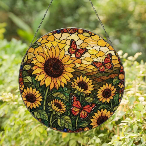 Sunflower Butterfly Faux Stained Glass Window Decor for Garden Lovers Housewarming Stained Glass Suncatcher