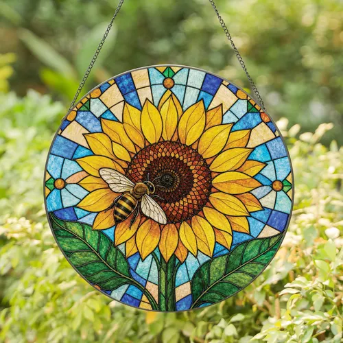 Sunflower And Honeybee Stained Glass Window Decor For Garden Lovers And Cottage Homes Stained Glass Suncatcher