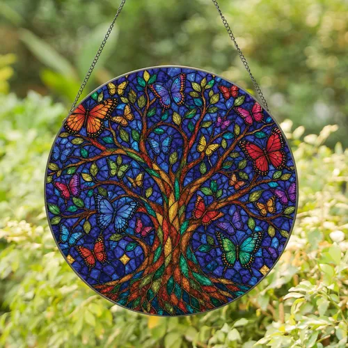 Stained Glass Style Butterfly Tree Of Life Decor For Indoor Home, Office And Garden Stained Glass Suncatcher