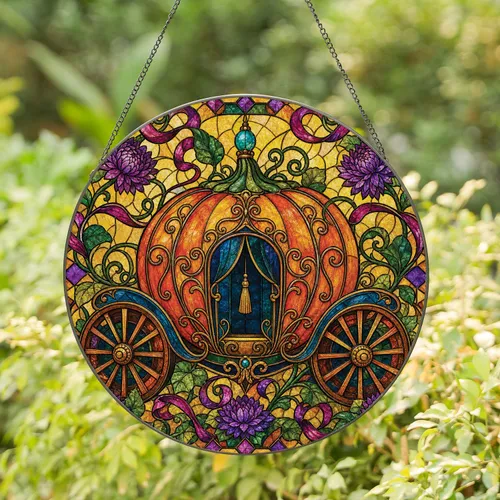Stained Glass Pumpkin Carriage Window Decor For Autumn Home And Fairy Tale Lovers Stained Glass Suncatcher
