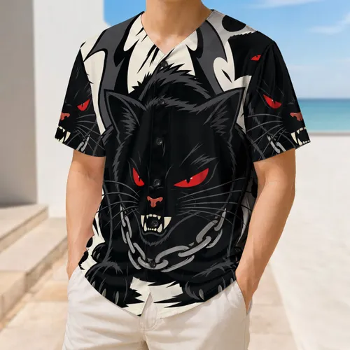 Black Alley Cat With Crimson Eyes Bold Streetwear Game Day Style for Feline Fans Look Baseball Jersey