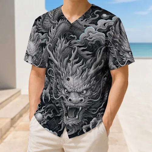 Chinese Dragon Stone Relief Cloud Motif For Streetwear And Festival Style Men's Wear Baseball Jersey