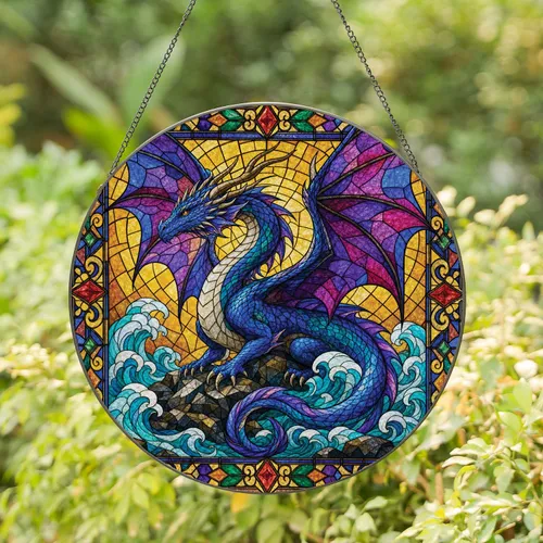 Blue Stained Glass Dragon Window Decor for Gothic Home, Fantasy Fans, and Housewarmings Stained Glass Suncatcher